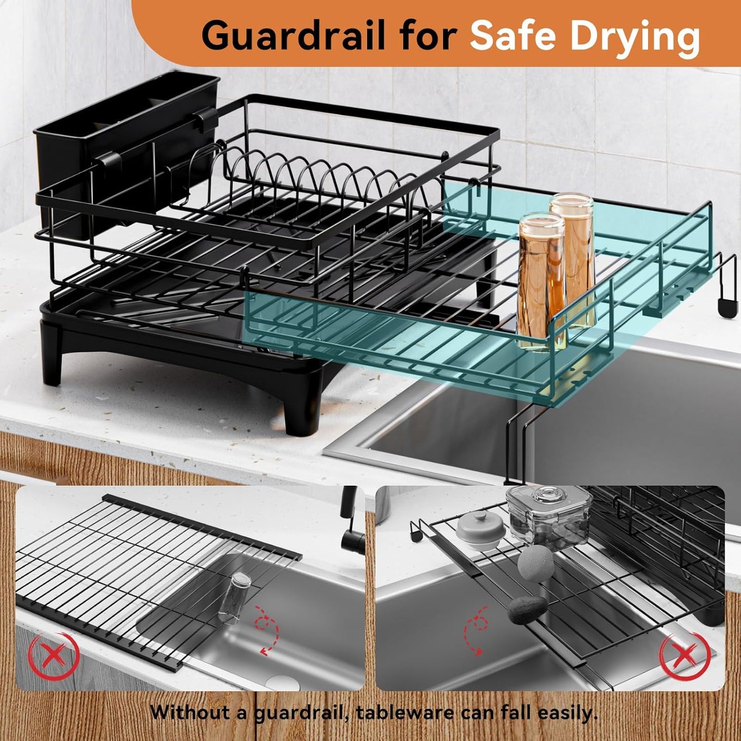 Dish Drying Rack - Extendable Dish Rack, AOKIWO Large Capacity Drying Drainer for Kitchen Counter, Stainless Steel Rust-Proof with Utensil Holder, Black