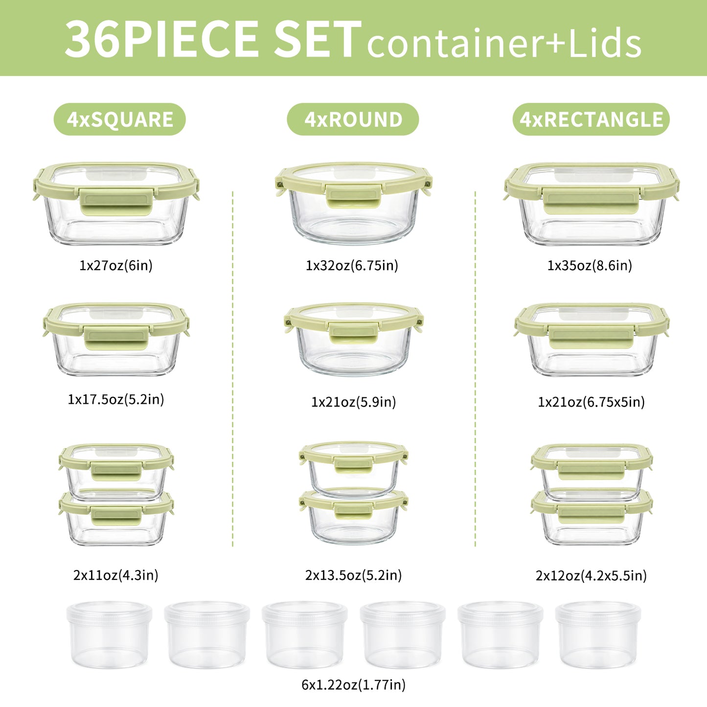 36pcs Glass Food Storage Containers with Lids Set, Airtight Meal Prep Containers (18 Containers & 18 Lids),Green