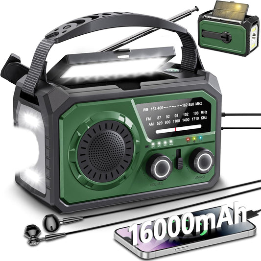 16000mAh Emergency Weather Radio, DOMNIU AM/FM/NOAA Weather Alert Radio, Hand Crank/Solar/Type-C Rechargeable Outdoor Solar Radio with Reading Lamp SOS Alarm 3 Mode Flashlight Power Bank(Army Green)
