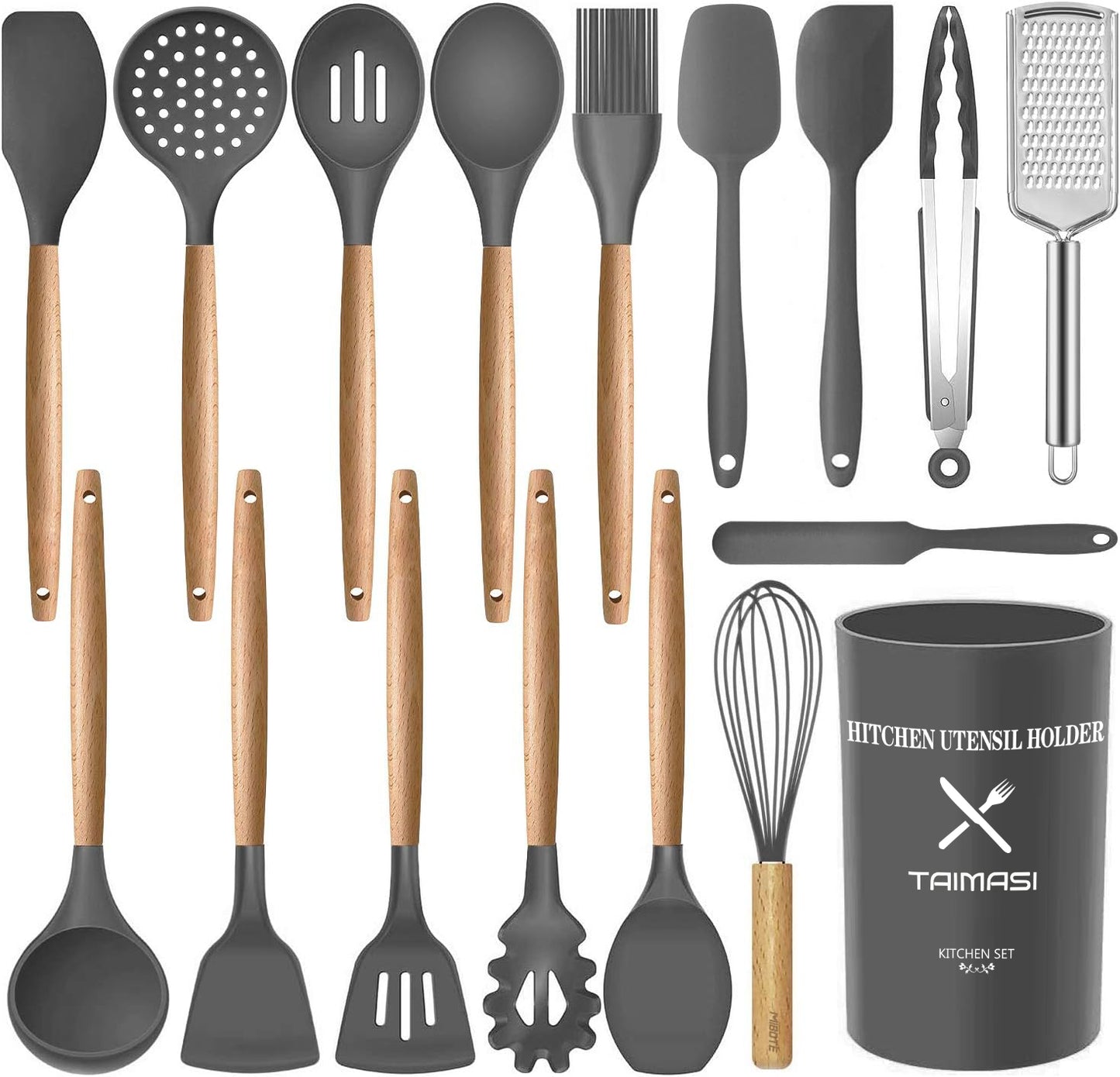 17 Pcs Silicone Cooking Kitchen Utensils Set with Holder, Wooden Handles Silicone Turner Tongs Spatula Spoon Kitchen Gadgets Utensil Set for Nonstick Cookware (Gray)