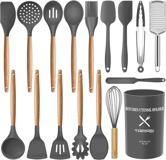 17 Pcs Silicone Cooking Kitchen Utensils Set with Holder, Wooden Handles Silicone Turner Tongs Spatula Spoon Kitchen Gadgets Utensil Set for Nonstick Cookware (Gray)