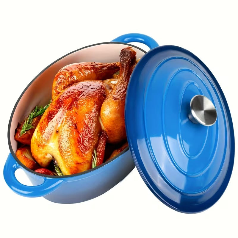 Enameled Oval Dutch Oven Pot , TAIMASI Cast Iron Dutch Oven with Dual Handles and Lid, Non-stick Enamel Coated Cookware for Bread Baking, Cooking, Frying, Oven Safe, Blue