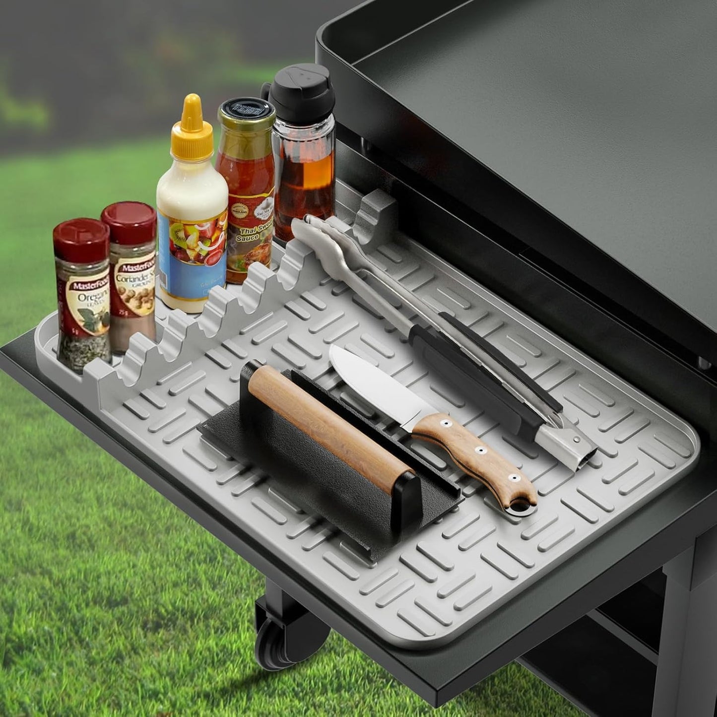 Silicone Grill Mat Compatible with Blackstone, Silicone Griddle Tools Spatula Mat with Drip Pad, (GREY)