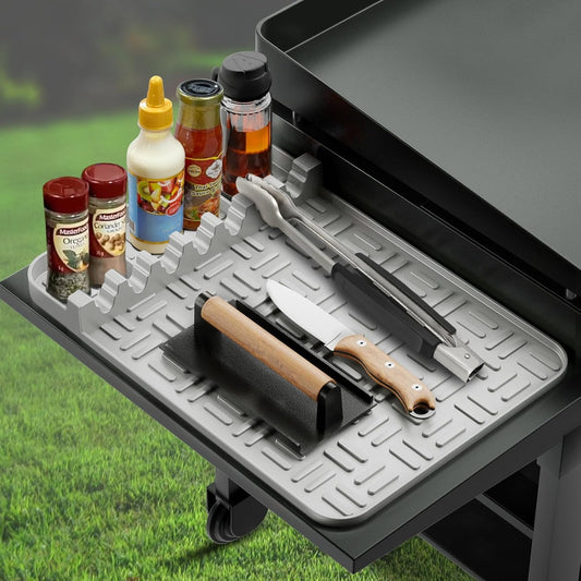 Silicone Grill Mat Compatible with Blackstone, Silicone Griddle Tools Spatula Mat with Drip Pad, (GREY)