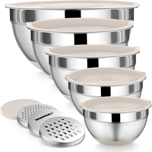 Mixing Bowls with Airtight Lids, AOKIWO 8 PCS Stainless Steel Bowls Set with 3 Grater Attachments, Metal Nesting Bowls with Non-Slip Bottoms, Size 5, 4, 3.5, 2, 1.5 QT for Cooking, Baking, Khaki