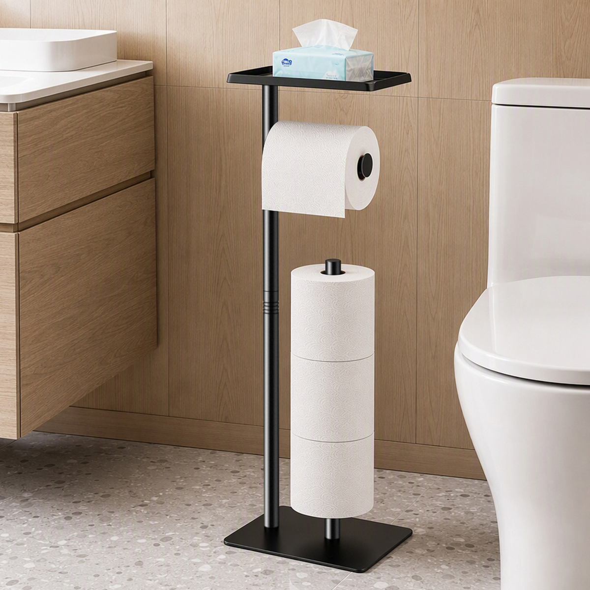 Mibote Toilet Paper Holder Free Standing with Storage Shelf, Metal Bathroom Tissue Holder for 4 Rolls, Matte Black