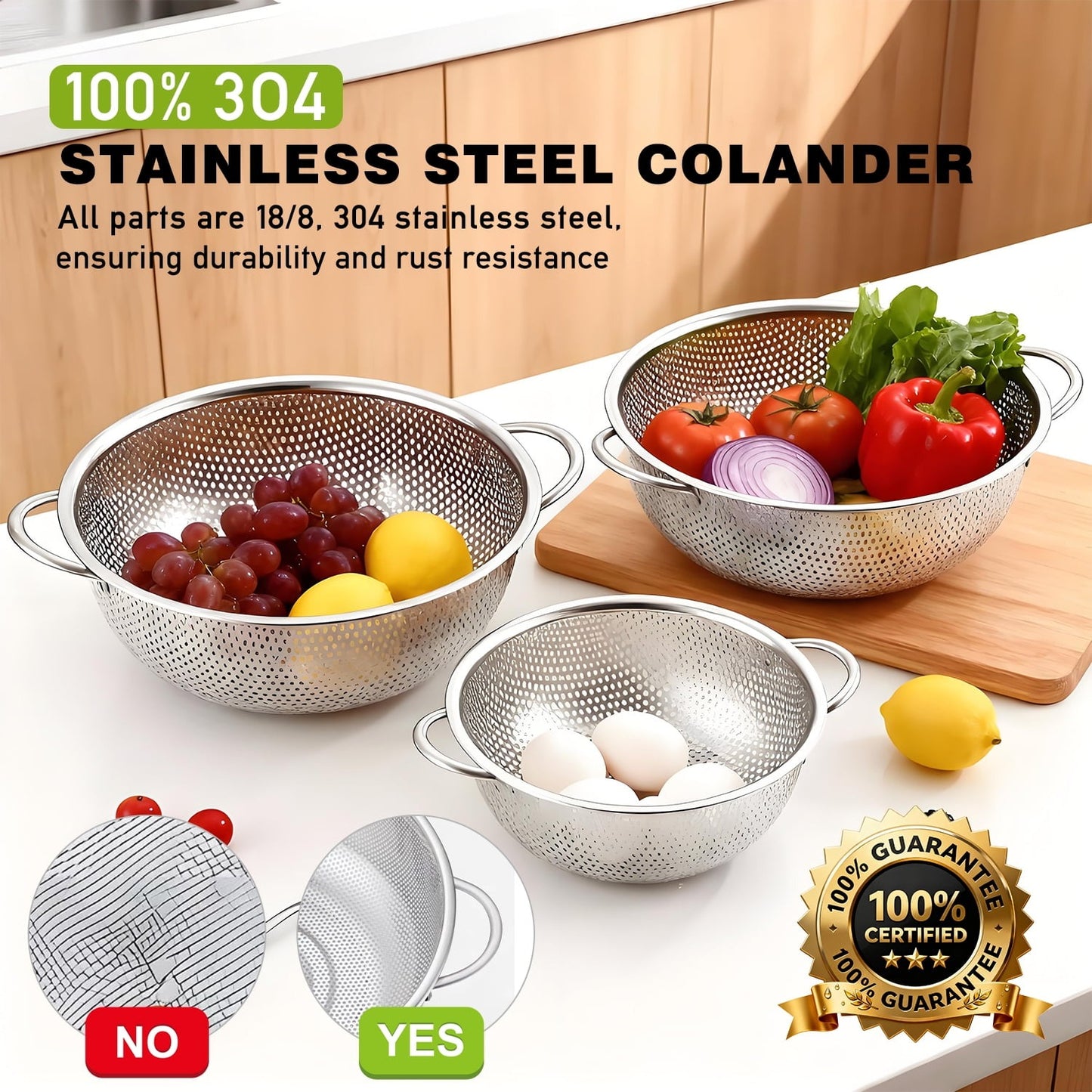 Colander Set of 3, AOKIWO Stainless Steel Micro-Perforated Colanders Strainers for Draining Rinsing Washing, Ideal for Pasta Vegetables Fruits, Heavy Duty & Dishwasher Safe - 1/3/5 Quart
