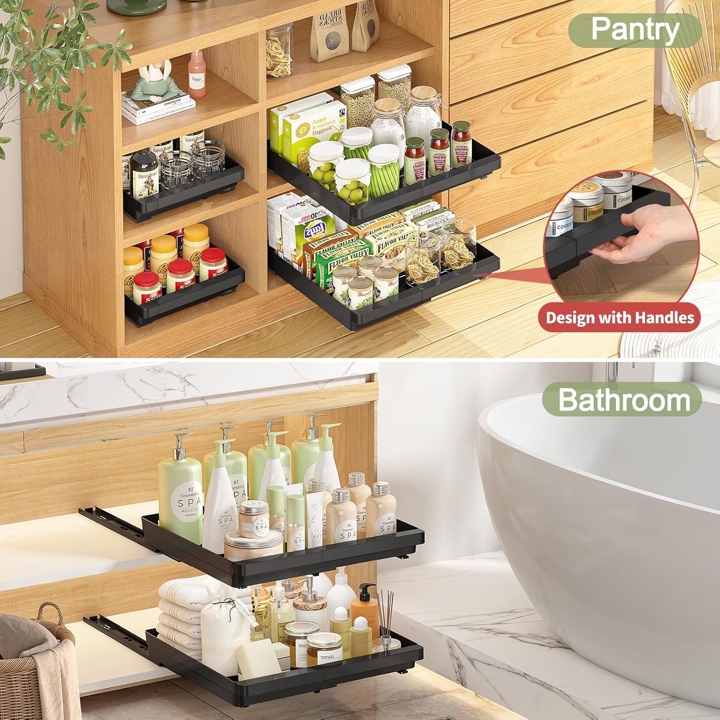 2 Pcs Pull Out Cabinet Organizers Expandable (11.6''-17.5''), Plastic Slide Out Drawers for Kitchen, Bathroom, Pantry, Under Sink, Pull Out Drawers Fixed with Adhesive Nano Film (Black)