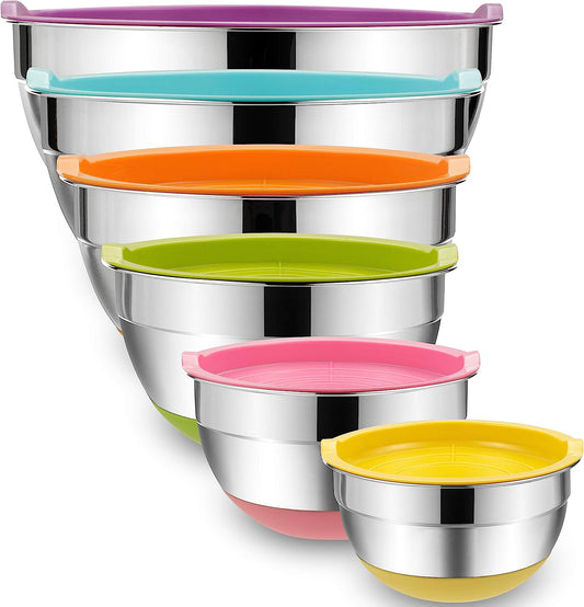 Mixing Bowls with Airtight Lids, 6 piece Stainless Steel Metal Nesting Storage Bowls, Non-Slip Bottoms Size 7, 3.5, 2.5, 2.0,1.5, 1QT, Great for Mixing & Serving