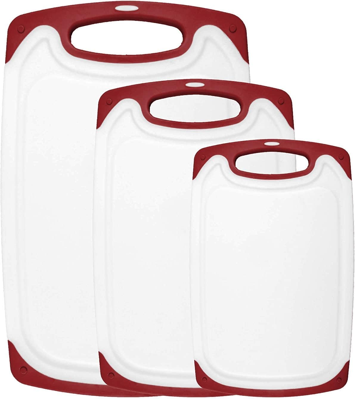 Cutting Boards for Kitchen - Chopping Board 3-Pack w/Different Sizes and Non Slip Handles - Reversible, Large Cutting Board Set (Red)