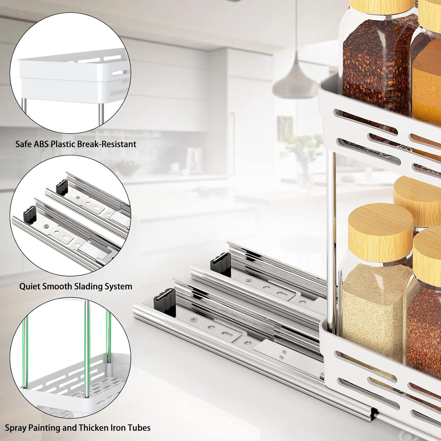 2 Tier Pull Out Spice Rack Organizer for Cabinet, 3 Packs Slide Out Spice Racks Organizer, Spice Cabinet Organizers, Cabinet Size Need:12'' Highx11'' Deepx5'' Wide, White