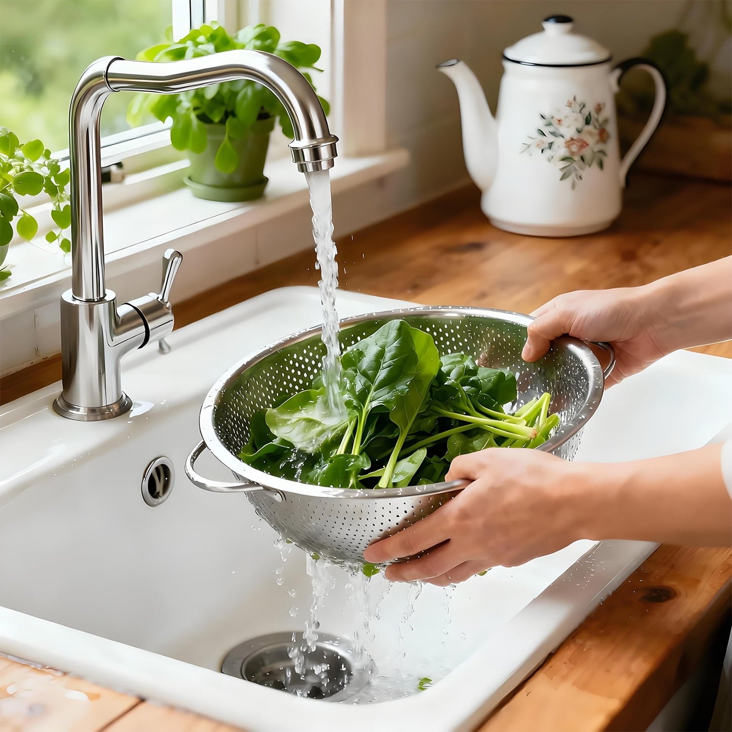 Colander Set of 3, AOKIWO Stainless Steel Micro-Perforated Colanders Strainers for Draining Rinsing Washing, Ideal for Pasta Vegetables Fruits, Heavy Duty & Dishwasher Safe - 1/3/5 Quart