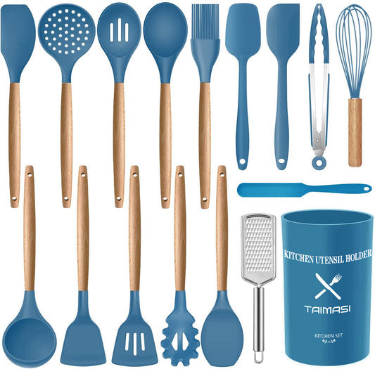 17 Pcs Silicone Cooking Kitchen Utensils Set with Holder, Wooden Handles Silicone Turner Tongs Spatula Spoon Kitchen Gadgets Utensil Set for Nonstick Cookware (Blue)
