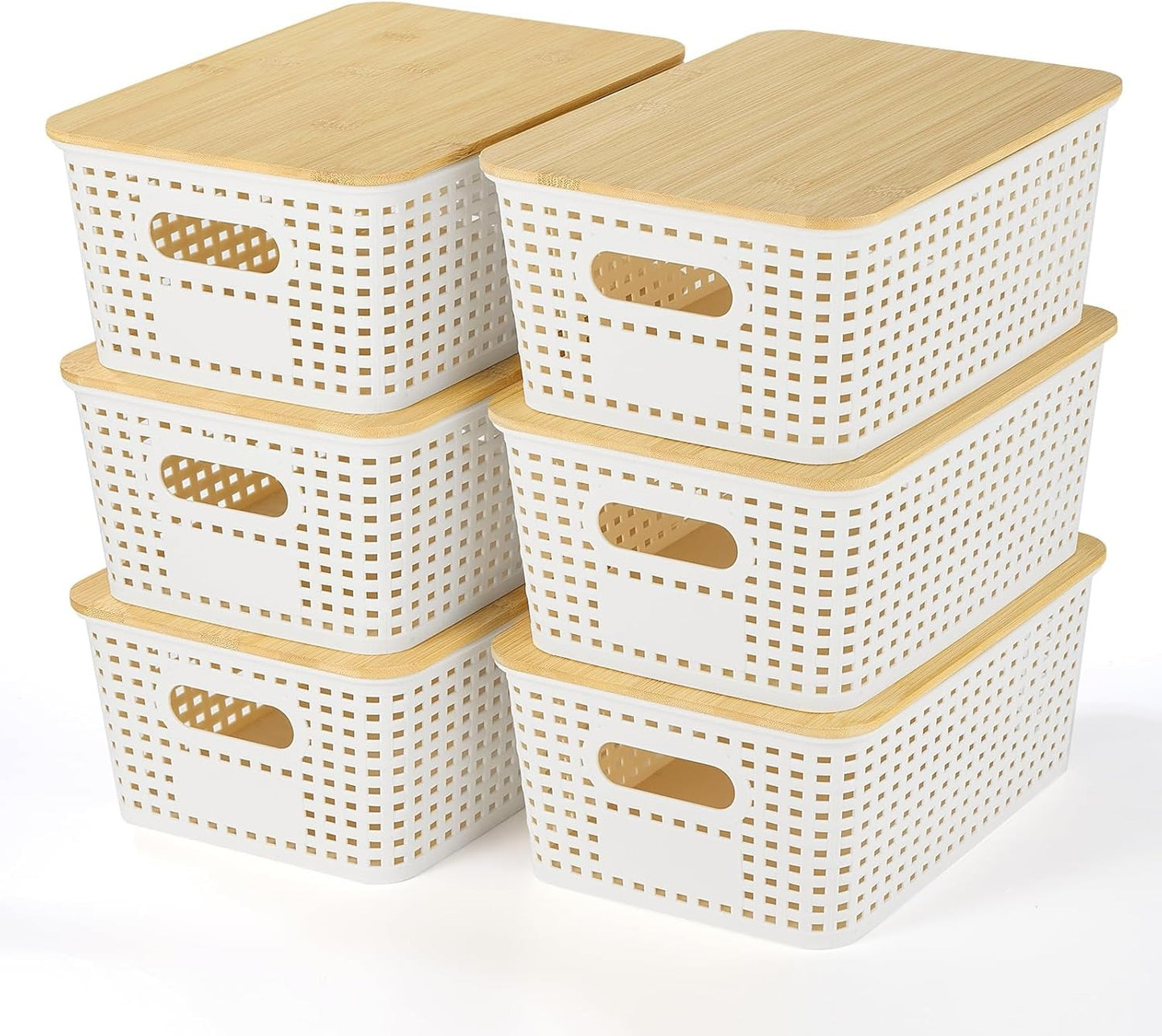 6 Pack Stackable Plastic Storage Baskets with Bamboo Lids, Storage Containers for Organizing Shelves, Drawers, Desktop, Closet, Office & Classroom, Includes Labels & Pen