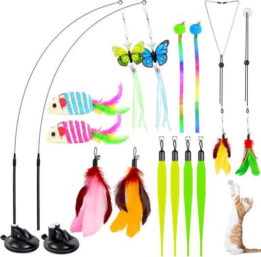 Cat Toys, 14Pcs 4 in 1 Indoor Adult Cat Interactive Toys, Hanging Door Kitten Wand with Suction Cup Removable Feathers Balls Mice Butterfly Streamers