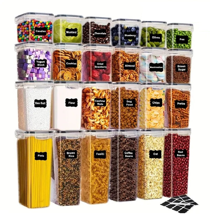 24 Pack Airtight Food Storage Containers with Lids, Plastic Kitchen and Pantry Organization Canisters for Cereal, Dry Food, Flour and Sugar, BPA Free, Includes 24 Labels