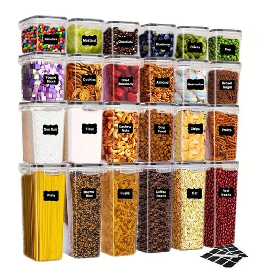 24 Pack Airtight Food Storage Containers with Lids, Plastic Kitchen and Pantry Organization Canisters for Cereal, Dry Food, Flour and Sugar, BPA Free, Includes 24 Labels
