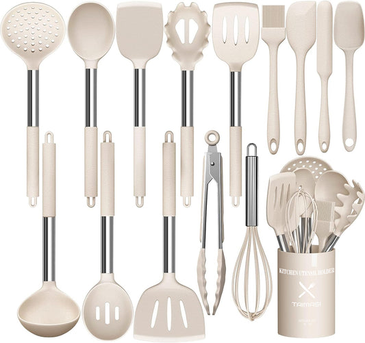 Silicone Cooking Utensil Set, AOKIWO 15pcs Silicone Cooking Kitchen Utensils Set, Non-stick - Best Kitchen Cookware - Khaki