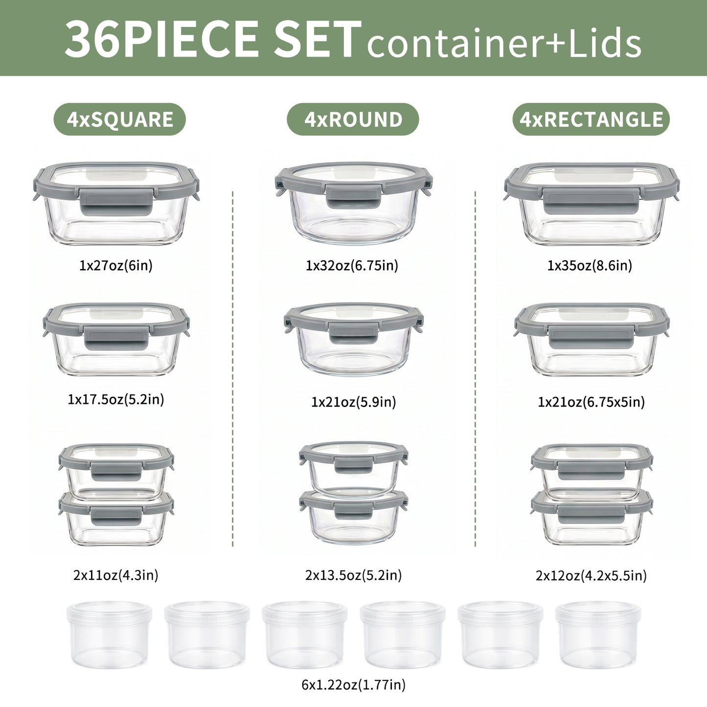 36pcs Glass Food Storage Containers with Lids Set, Airtight Meal Prep Containers (18 Containers & 18 Lids), Grey