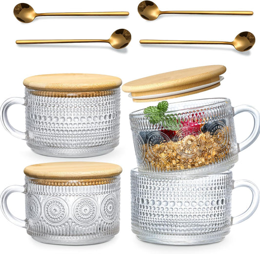 AOKIWO 4pcs Set Vintage Coffee Mugs gifts for women, Overnight Oats Containers with Bamboo Lids and Spoons - 14oz Clear Embossed Glass Cups, Cute Coffee Bar Accessories, Iced Coffee Glasses