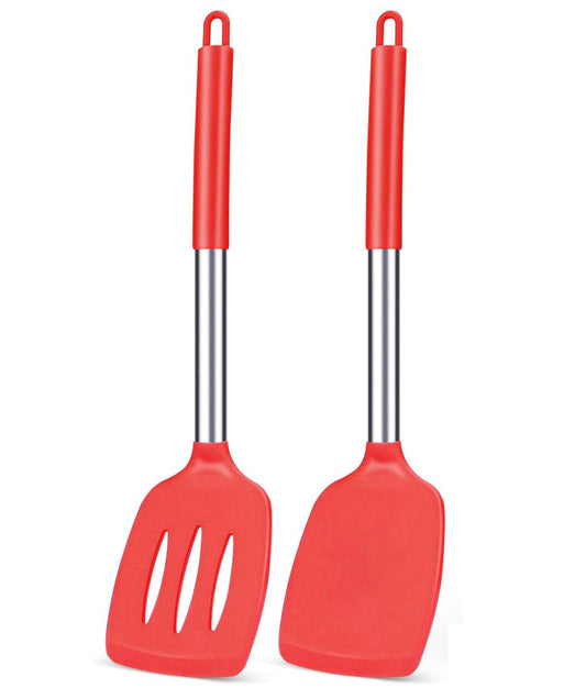 Pack of 2 Silicone Solid Turner,Non Stick Slotted Kitchen Spatulas,High Heat Resistant BPA Free Cooking Utensils,Ideal Cookware for Fish,Eggs,Pancakes (Red)