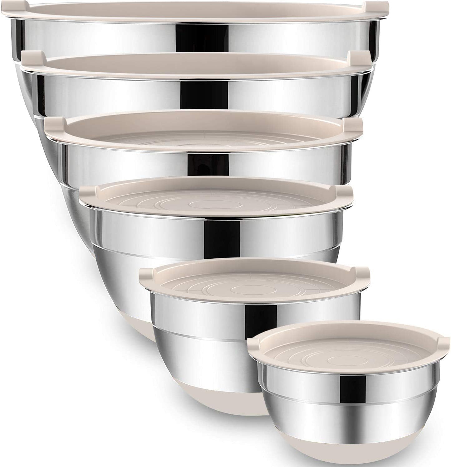 Mixing Bowls with Airtight Lids, 6 piece Stainless Steel Metal Nesting Storage Bowls, Non-Slip Bottoms Size 7, 3.5, 2.5, 2.0,1.5, 1QT, Great for Mixing & Serving