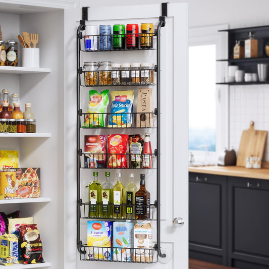 Over the Door Pantry Organizer, Metal Pantry Organizers and Storage, 6-Tier Over the Door Organizer, Pantry Door Organizer for Easy Install, D5 x W18 x H50 inch - Black