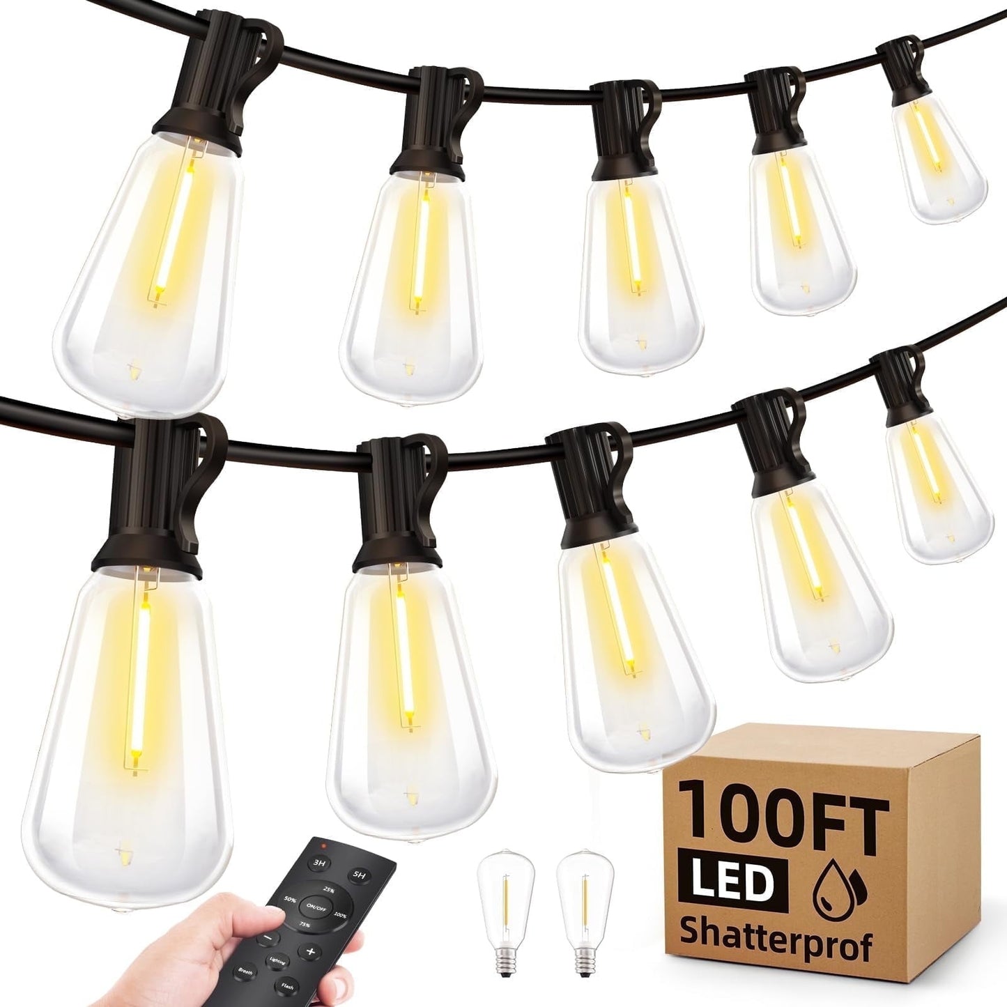 Outdoor String Led Patio Lights, 100Ft Outside Waterproof Light With Remote Dimmable ST38 Shatterproof Bulb, Connectable Hanging Outdoor Electric Lighting For Backyard Yard Porch Party