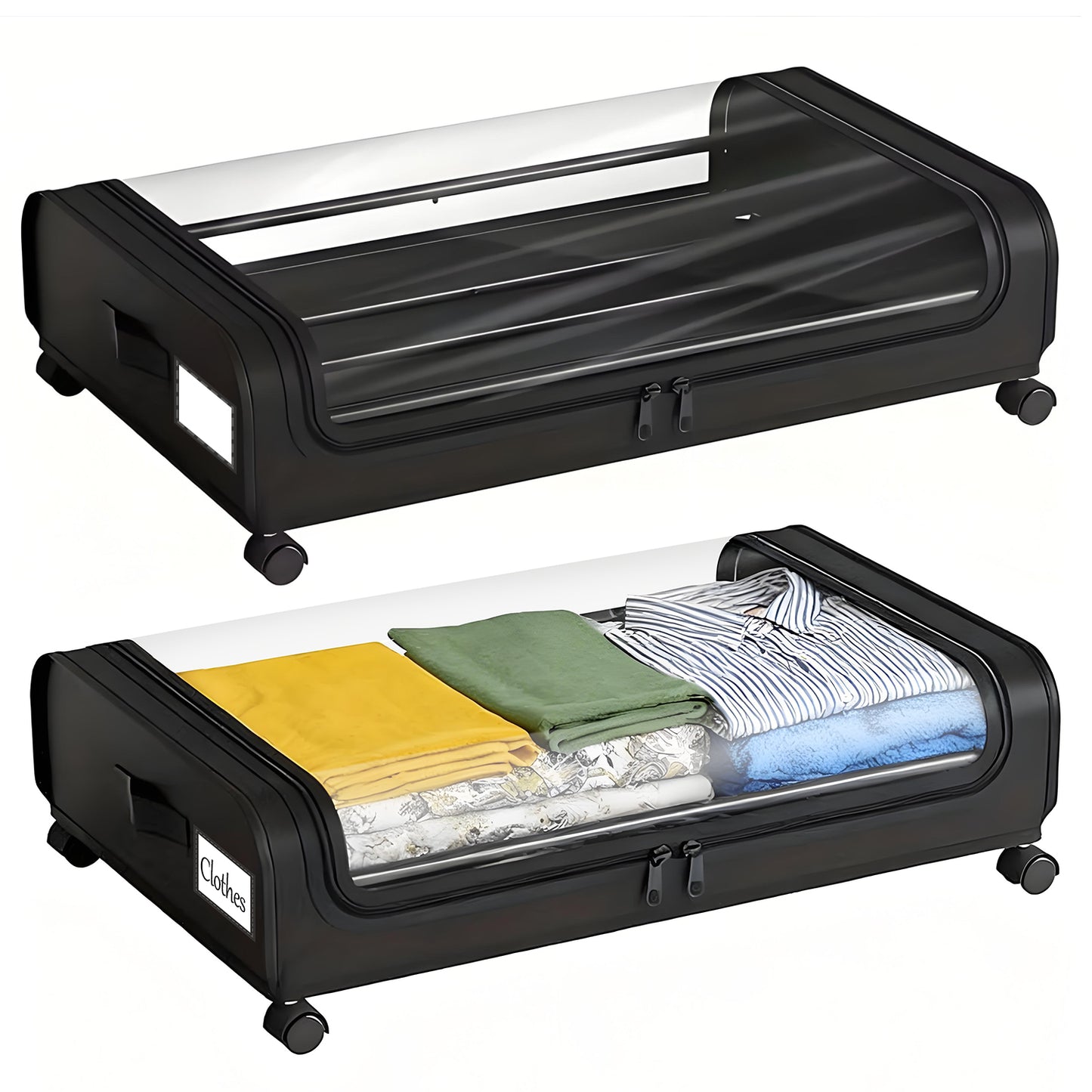 Under Bed Storage with Wheels, 2-Pack Under the Bed Storage Containers with Clear Lids & Label, Underbed Storage Bins for Clothes, Shoes - Grey
