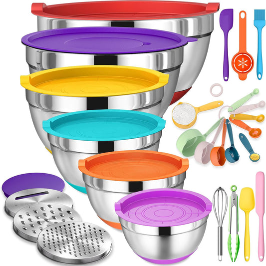 Mixing Bowls with Airtight Lids, 26Pcs Stainless Steel Bowls Set, 3 Grater Attachments & Black Non-Slip Bottoms Size 7, 4, 2.5, 2.0,1.5, 1QT, Great for Mixing & Serving