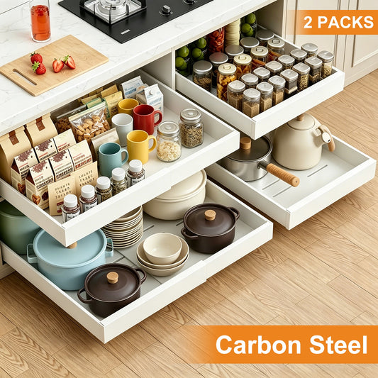 2 Packs Expandable Carbon Steel Pull Out Cabinet Organizer, TAIMASI Upgrade Kitchen Steel 21'' 3 Slide Rails Sliding Organizer Drawers for Cabinets