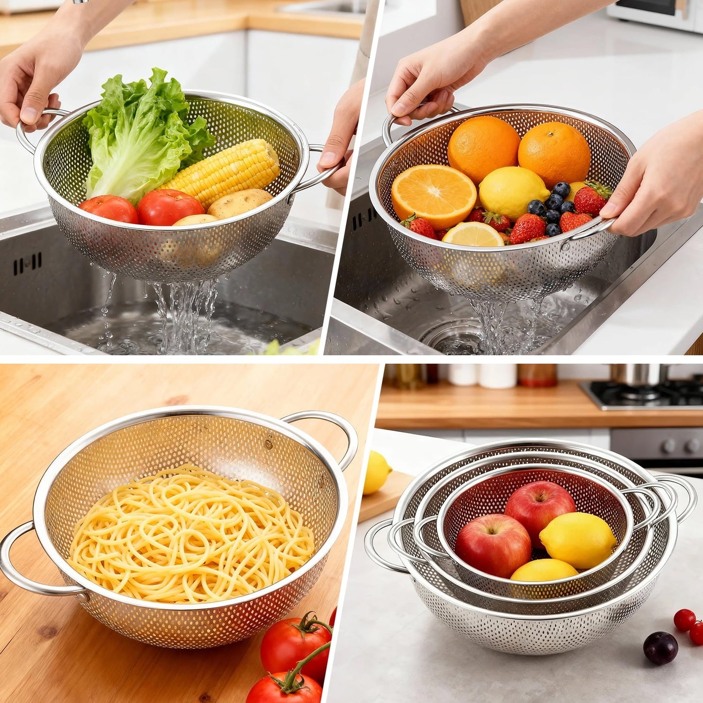 Colander Set of 3, AOKIWO Stainless Steel Micro-Perforated Colanders Strainers for Draining Rinsing Washing, Ideal for Pasta Vegetables Fruits, Heavy Duty & Dishwasher Safe - 1/3/5 Quart