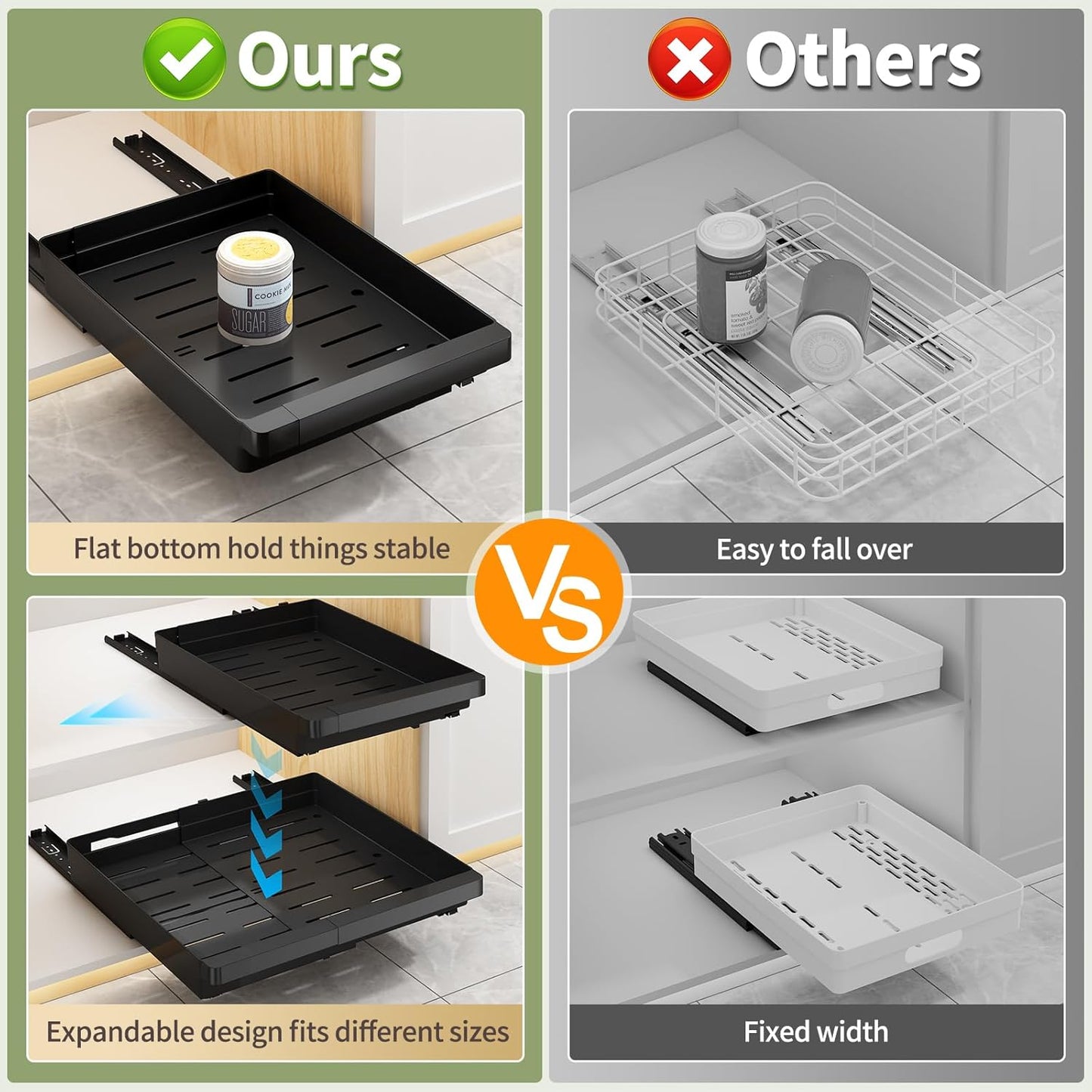 2 Pcs Pull Out Cabinet Organizers Expandable (13''-19''), Plastic Slide Out Drawers for Kitchen, Bathroom, Pantry, Under Sink, Pull Out Drawers Fixed with Adhesive Nano Film (Black)