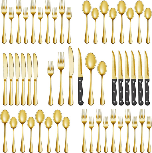 24 Pcs Gold Silverware Set with Steak Knives