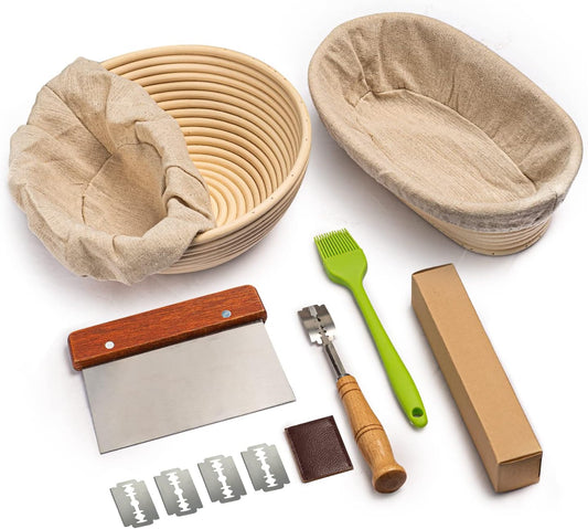 Bread Banneton Proofing Basket Set of 2, 9 Inch Round & 10 Oval Cane Sourdough Baskets with Lame + Dough Scraper Linen Liner Basting Brush for Making Baking Fermentation