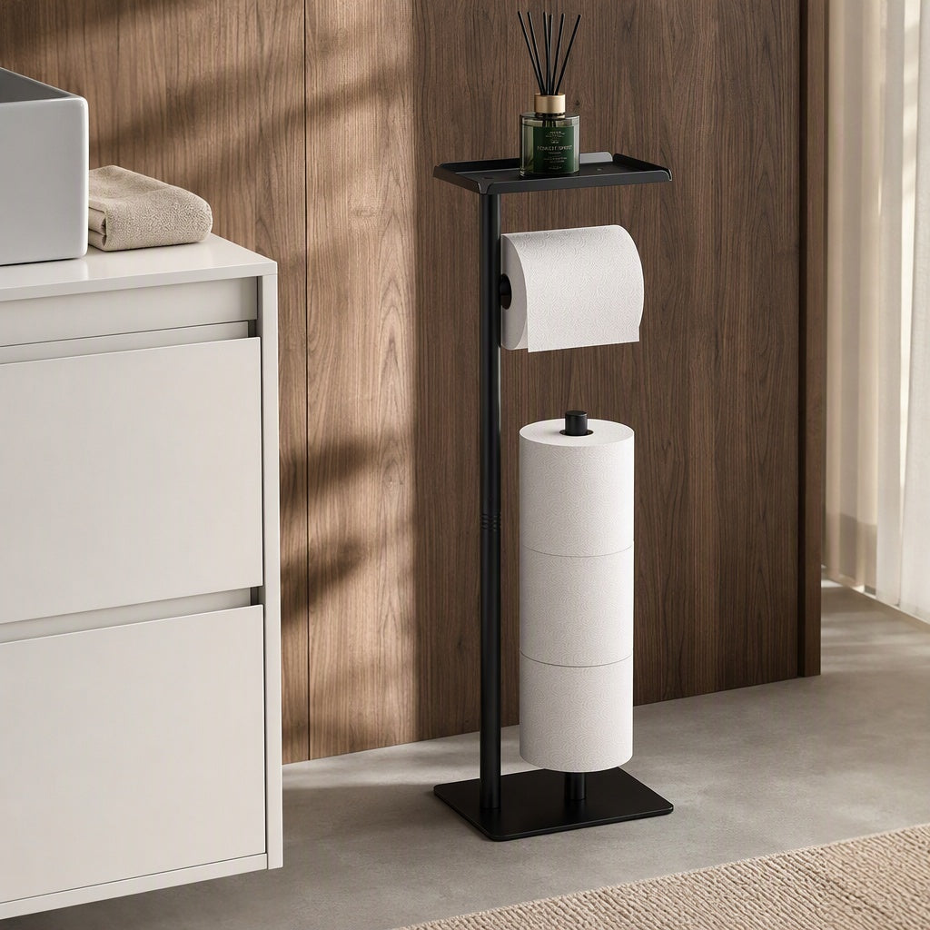 Mibote Toilet Paper Holder Free Standing with Storage Shelf, Metal Bathroom Tissue Holder for 4 Rolls, Matte Black
