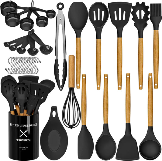 Silicone Cooking Utensils Set, 33 pcs Non-Stick Cooking Kitchen Utensils Set with Holder, Wooden Handle Gadgets Utensil Set (Black)