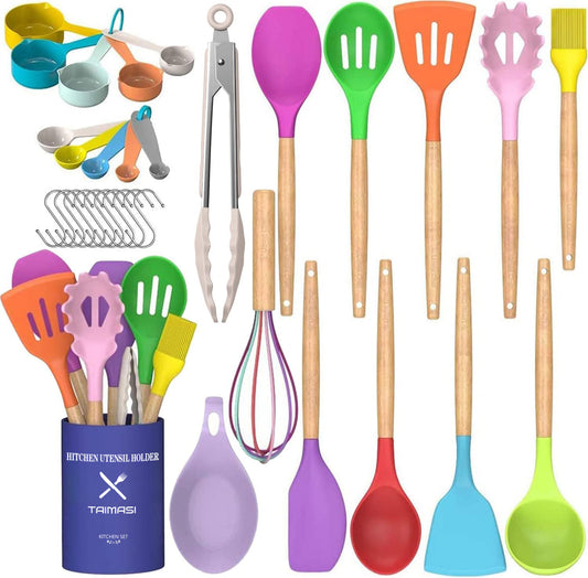 Silicone Cooking Utensils Set, 33 pcs Non-Stick Cooking Kitchen Utensils Set with Holder, Wooden Handle Gadgets Utensil Set (Multi-color)