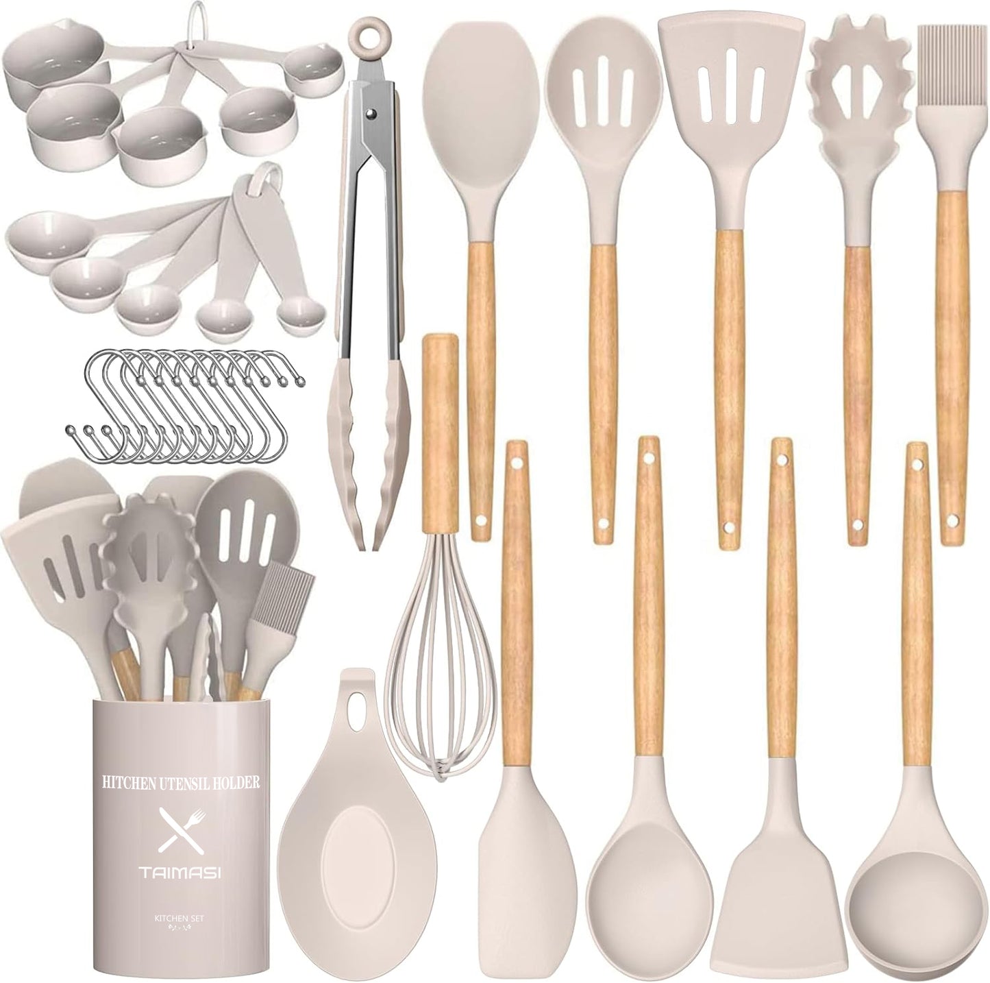 Silicone Cooking Utensils Set, 33 pcs Non-Stick Cooking Kitchen Utensils Set with Holder, Wooden Handle Gadgets Utensil Set (Khaki)