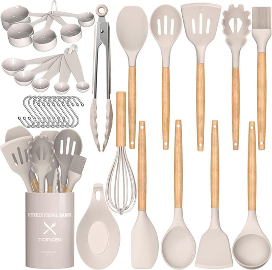 Silicone Cooking Utensils Set, 33 pcs Non-Stick Cooking Kitchen Utensils Set with Holder, Wooden Handle Gadgets Utensil Set (Khaki)