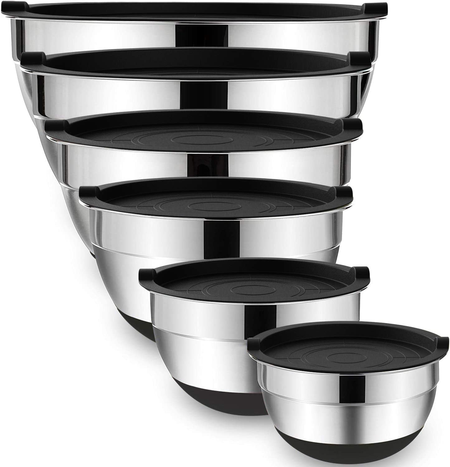 Mixing Bowls with Airtight Lids, 6 piece Stainless Steel Metal Nesting Storage Bowls, Non-Slip Bottoms Size 7, 3.5, 2.5, 2.0,1.5, 1QT, Great for Mixing & Serving (Black)