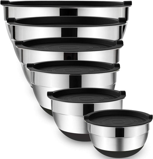 Mixing Bowls with Airtight Lids, 6 piece Stainless Steel Metal Nesting Storage Bowls, Non-Slip Bottoms Size 7, 3.5, 2.5, 2.0,1.5, 1QT, Great for Mixing & Serving (Black)