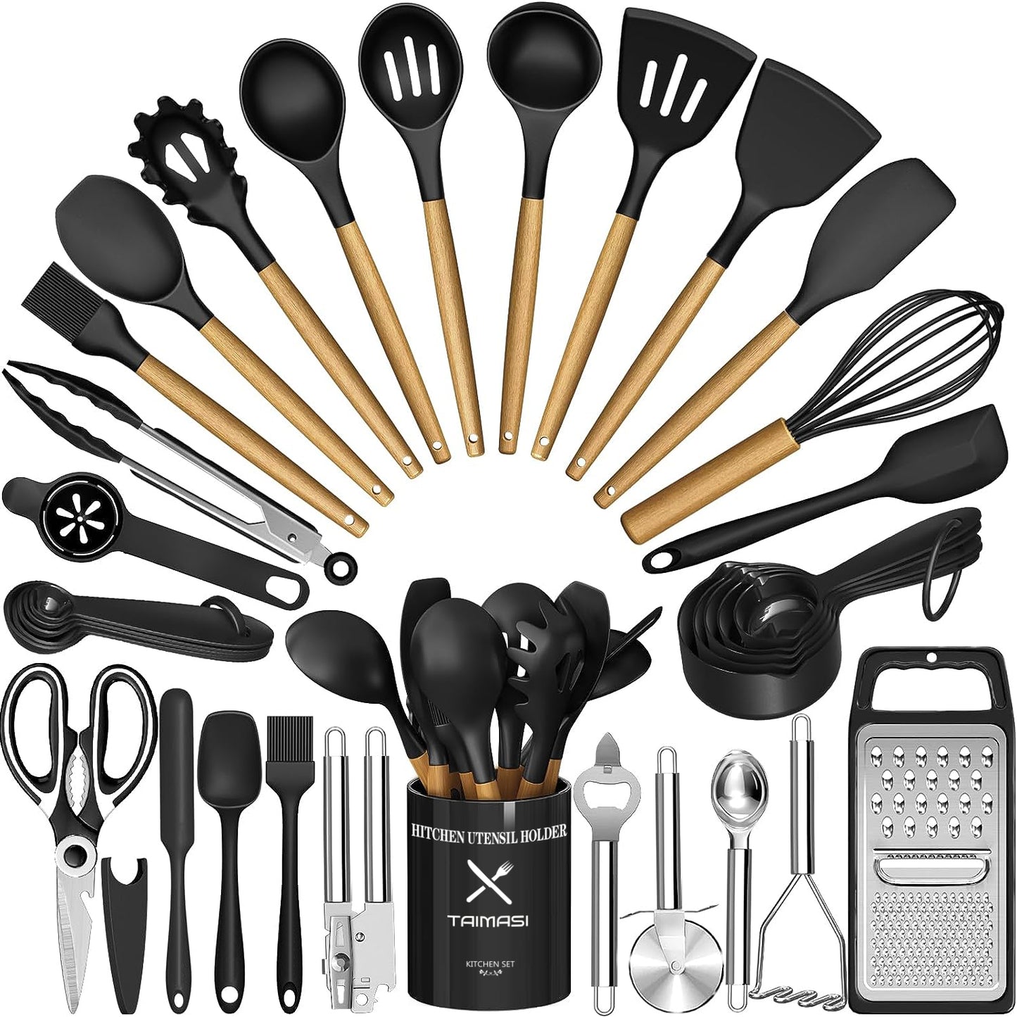 Kitchen Utensils Set- 34PCS Silicone Cooking Utensils with Holder, Heat Resistant Kitchen Utensil Spatula Set for Nonstick Cookware, Black Wooden Handles Kitchen Gadgets Tools Set-Black