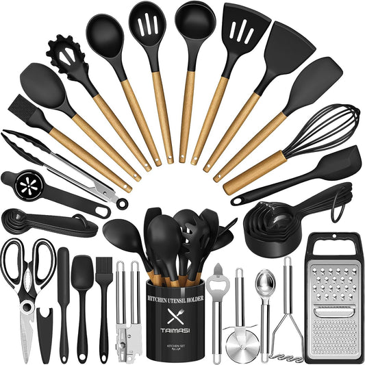 Kitchen Utensils Set- 34PCS Silicone Cooking Utensils with Holder, Heat Resistant Kitchen Utensil Spatula Set for Nonstick Cookware, Black Wooden Handles Kitchen Gadgets Tools Set-Black