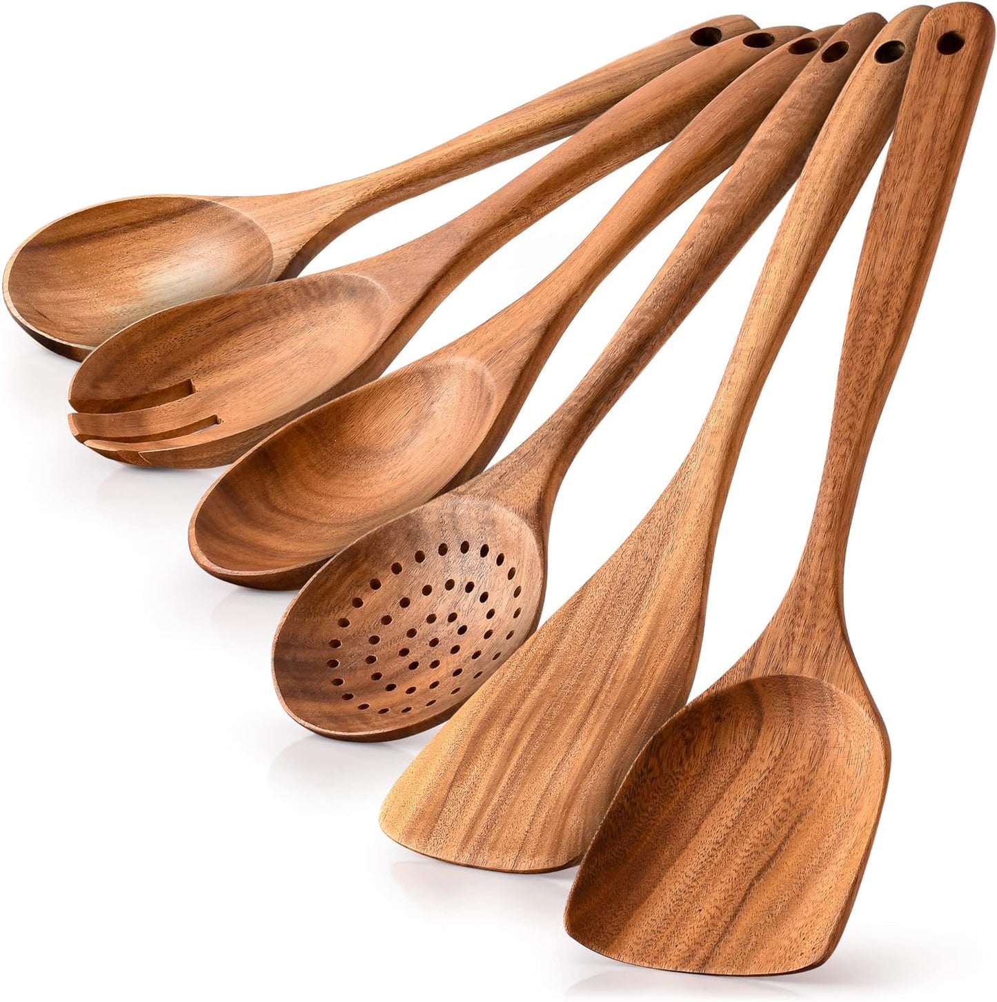 Kitchen 6-Piece Wooden Spoons for Cooking - AOKIWO Smooth Finish Teak Wooden Utensils for Cooking - Soft Comfortable Grip Wood Spoons for Cooking