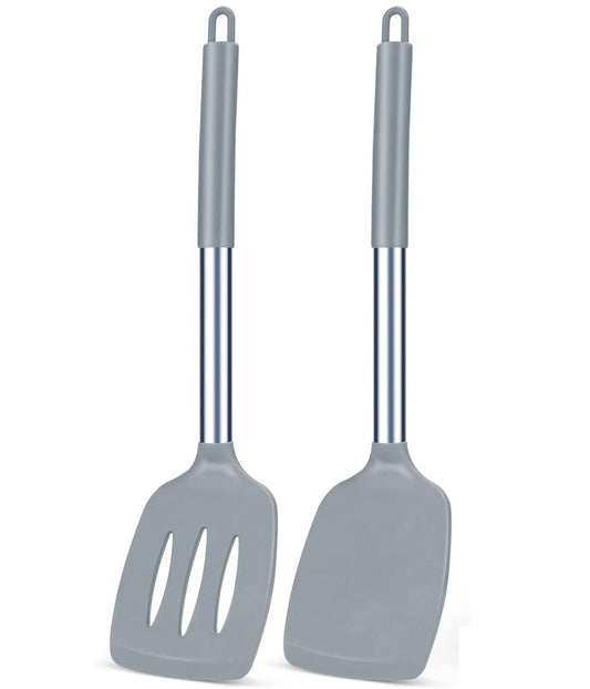 Pack of 2 Silicone Solid Turner,Non Stick Slotted Kitchen Spatulas,High Heat Resistant BPA Free Cooking Utensils,Ideal Cookware for Fish,Eggs,Pancakes (Gray)