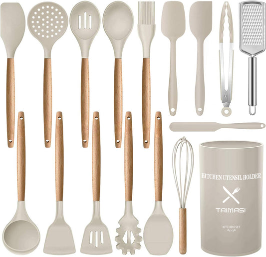 17 Pcs Silicone Cooking Kitchen Utensils Set with Holder, Wooden Handles Silicone Turner Tongs Spatula Spoon Kitchen Gadgets Utensil Set for Nonstick Cookware (Khaki)