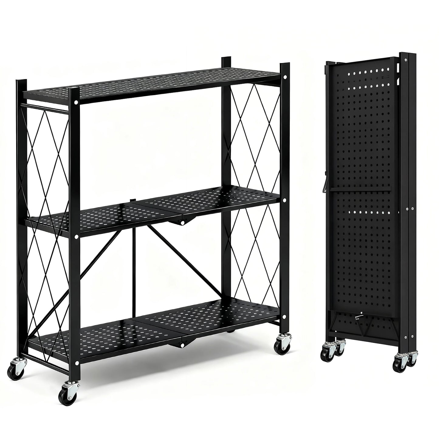 TAIMASI 3-Tier Foldable Metal Storage Shelf with Wheels, Heavy-Duty Rolling Wire Rack for Garage, Kitchen, Basement, Pantry, 27.75''L x 13.38''W x 34.44''H-Black