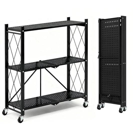 TAIMASI 3-Tier Foldable Metal Storage Shelf with Wheels, Heavy-Duty Rolling Wire Rack for Garage, Kitchen, Basement, Pantry, 27.75''L x 13.38''W x 34.44''H-Black