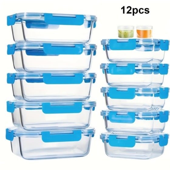 24 Pcs Glass Food Storage Containers with Lids, Glass Airtight Meal Prep Container Set for Lunch, Kitchen Pantry Organizers and Storage, Leak Proof, Blue